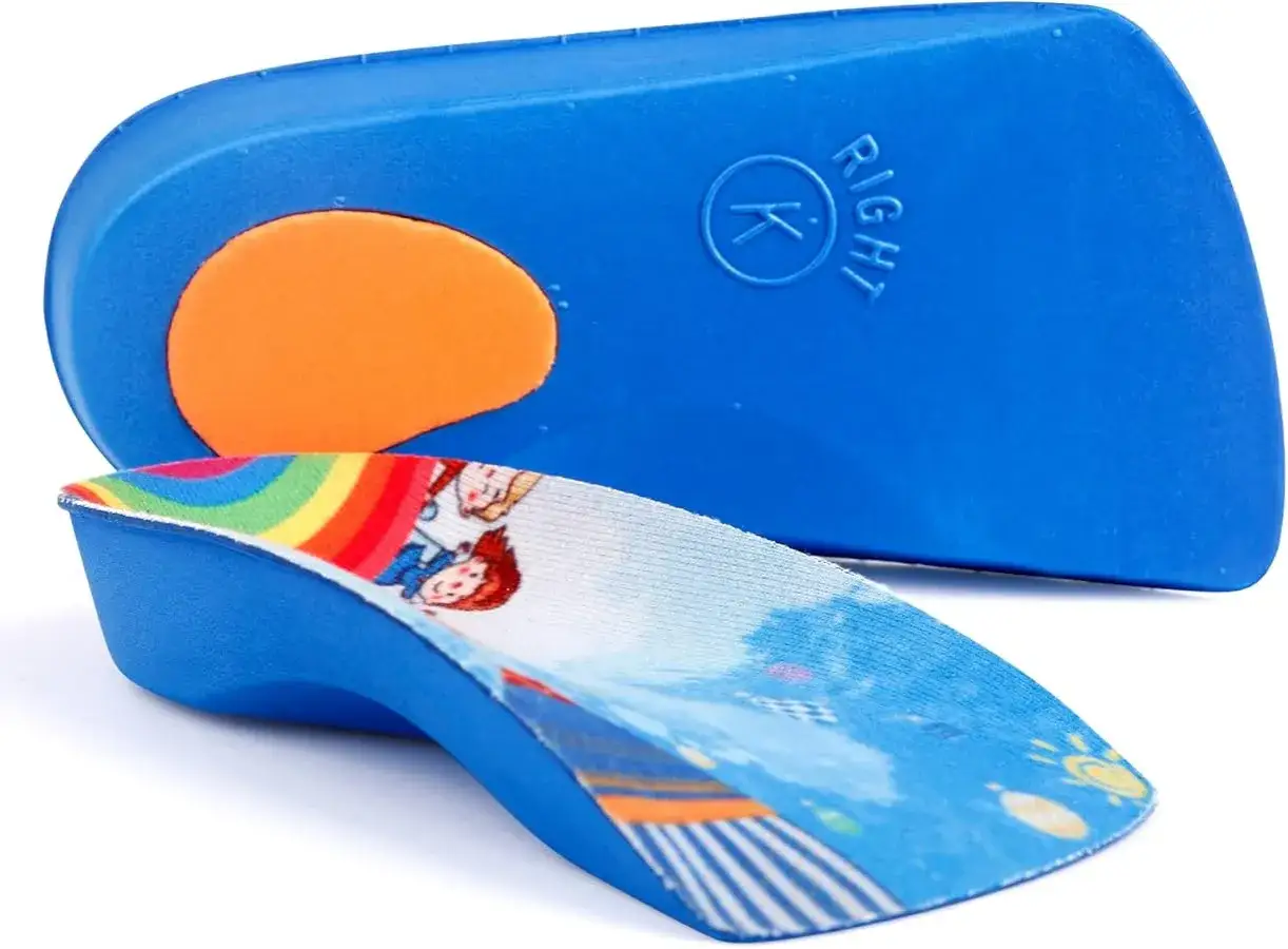 Blaue Schaleneinlagen für Kinder mit lustigem Motiv. Die Einlagen sind für den rechten Fuß gekennzeichnet und haben eine orangefarbene Fersendämpfung.
