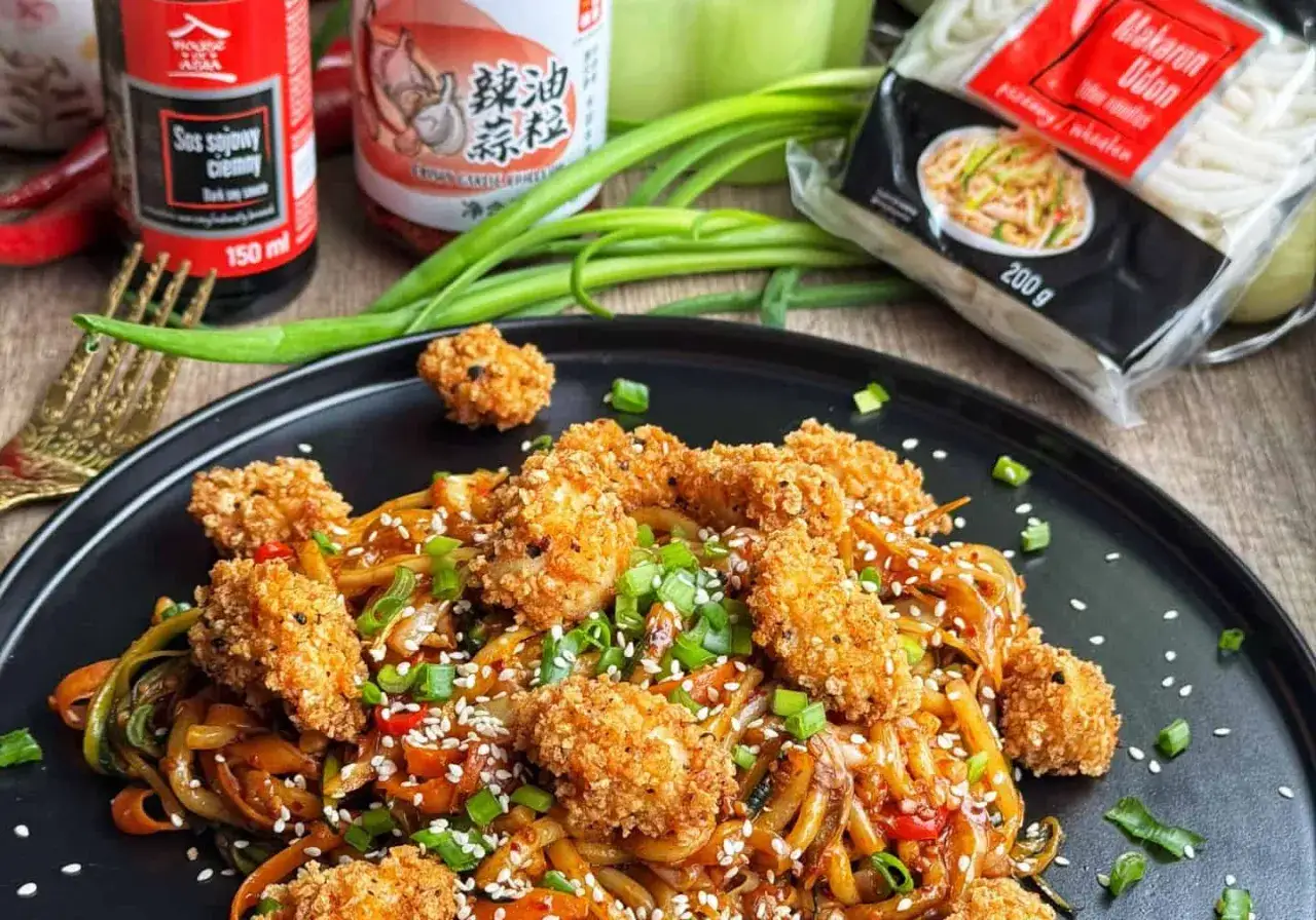 Udon smażony z chrupiącym kurczakiem, posypany sezamem i szczypiorkiem. Obok sos sojowy i opakowanie makaronu udon.