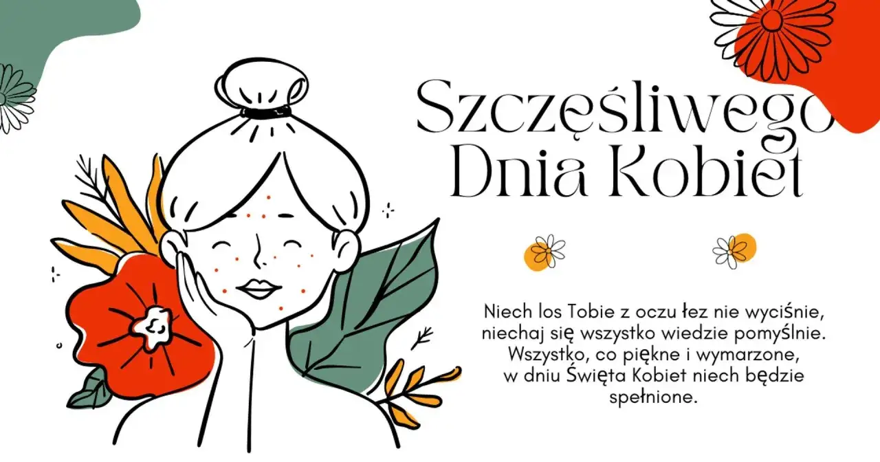 Życzenia na Dzień Kobiet dla koleżanki: uśmiechnięta dziewczyna z kwiatami i tekstem 