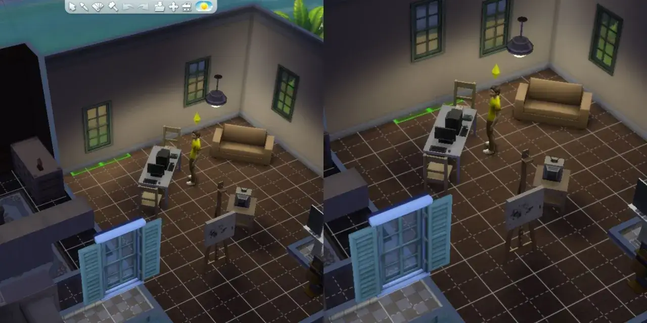 Symulator życia: jak podnosić przedmioty w The Sims 4. Sim stoi przy biurku, obok kanapa i sztalugi.