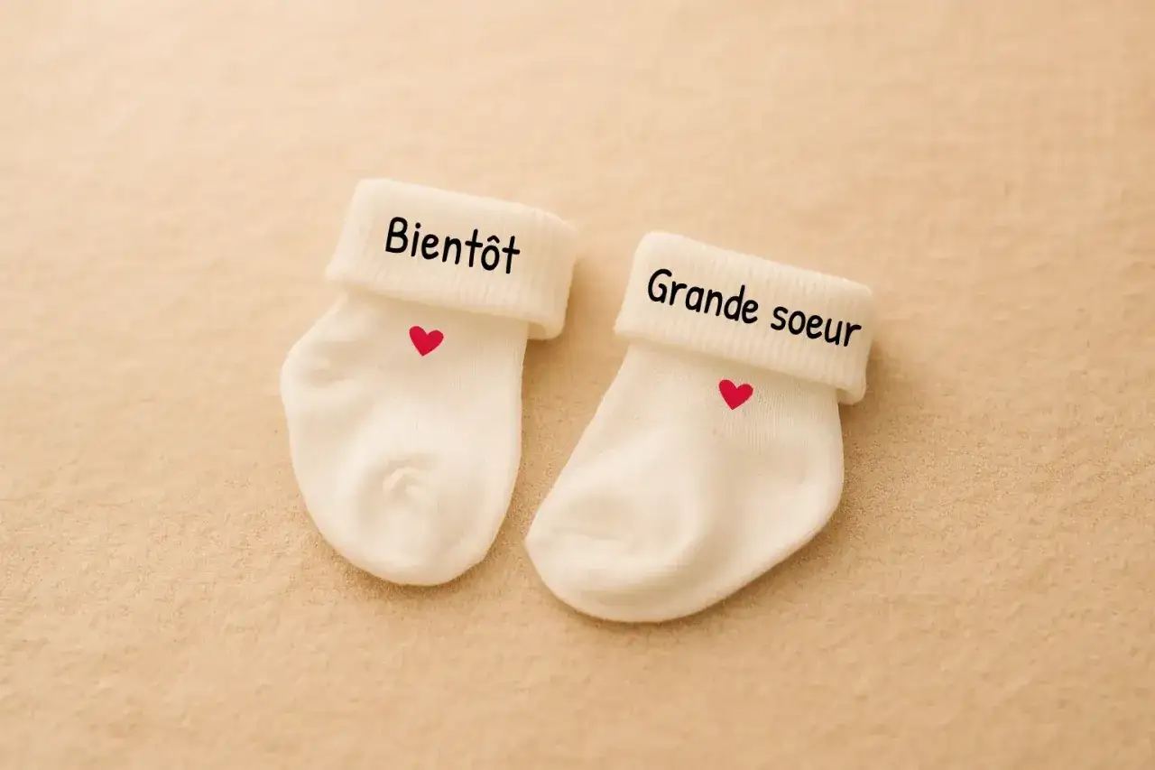 Bientôt grande sœur ! Une annonce de grossesse drôle et attendrissante avec ces petites chaussettes blanches ornées de cœurs.