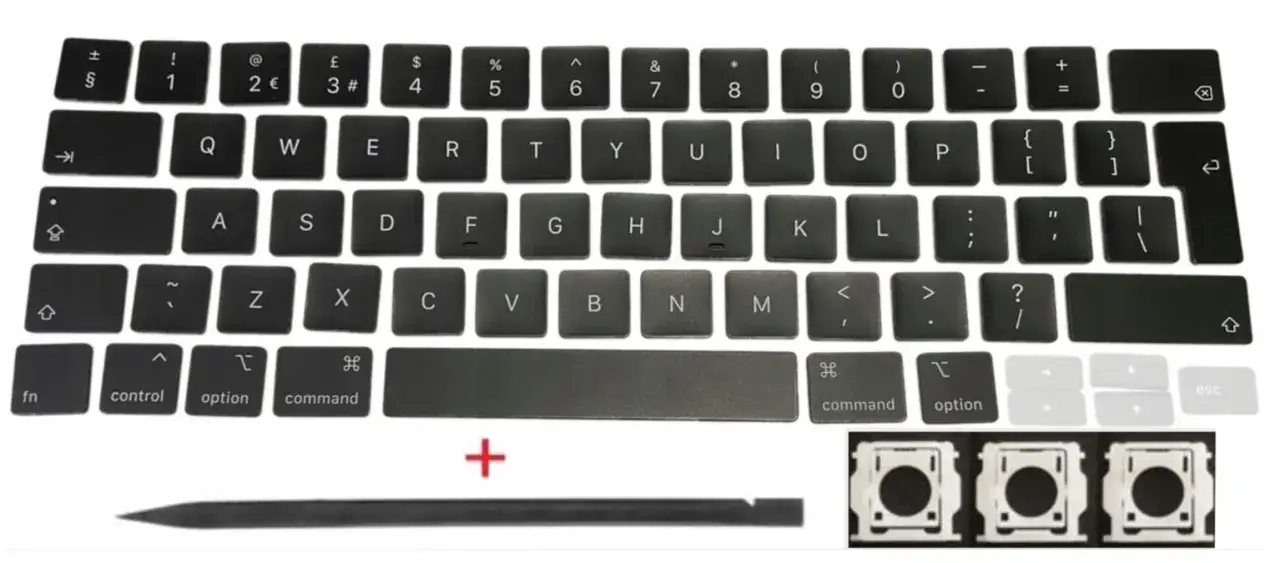 Klawisze do MacBook z układem klawiatury polski pro. Zestaw zawiera klawisze liter, cyfr, symboli i modyfikator&oacute;w.
