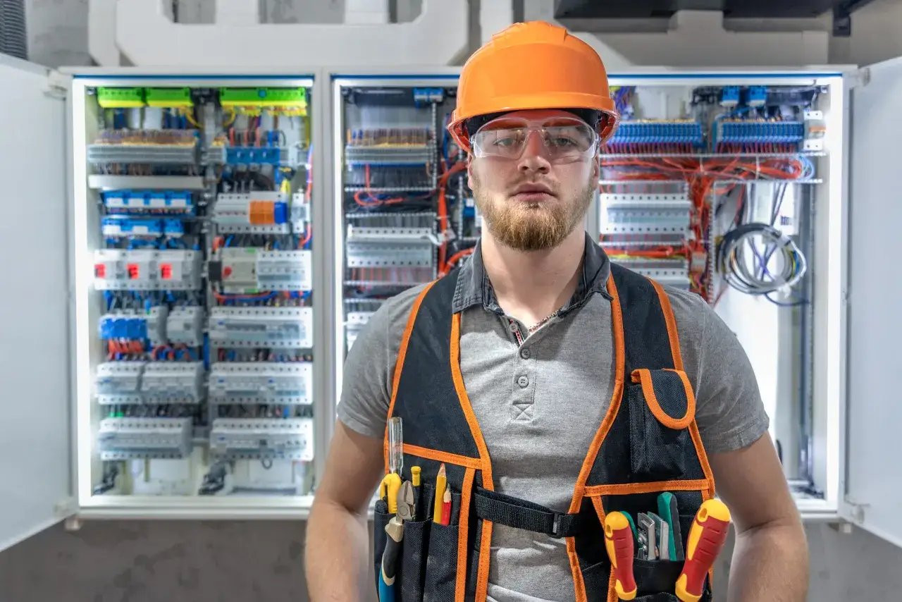 Junger Mann mit Schutzhelm und Brille vor einem Schaltschrank. Er trägt eine Werkzeugweste. Die Ausbildung zum Elektroniker bietet gute Zukunftsaussichten und ein solides elektroniker ausbildung gehalt netto.