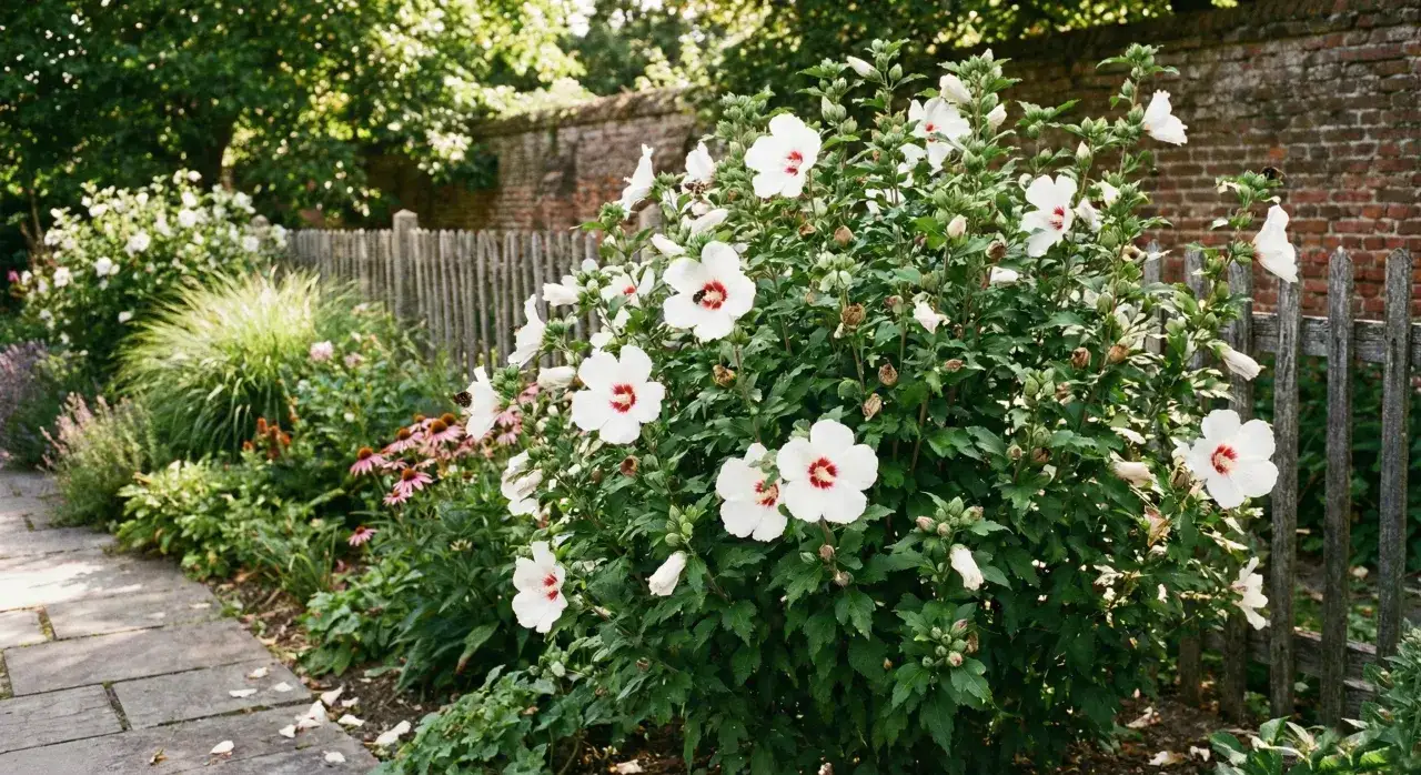 Krzew białych hibiskusów z czerwonymi środkami kwitnie w słonecznym ogrodzie. Idealne stanowisko dla tych pięknych kwiatów.