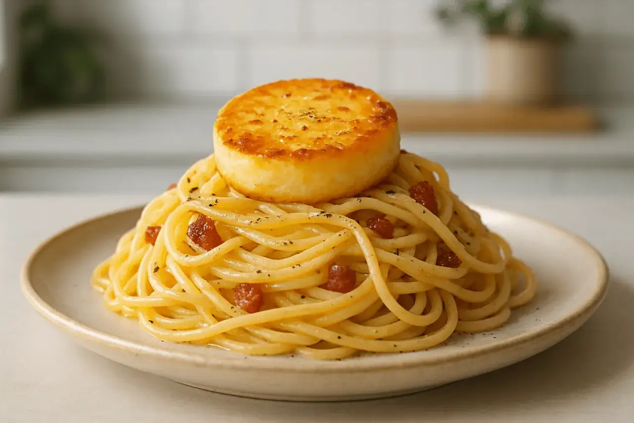 Pyszna carbonara z kawałkiem złocistego sera na wierzchu. Idealny wybór, jaki ser do carbonary? Ten wygląda obłędnie!