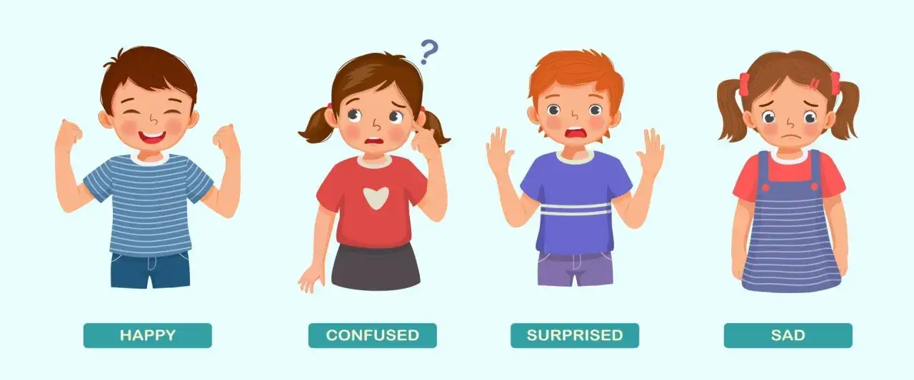Cuatro ni&ntilde;os muestran diferentes emociones: feliz, confundido, sorprendido y triste. Cada uno expresa sus palabras con sentimiento.