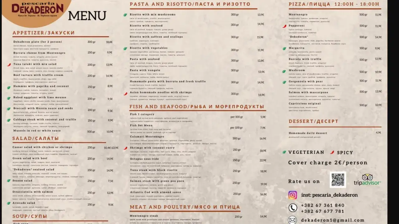 Menu z Czarnogóry: przystawki, makarony, pizza, ryby i owoce morza, mięso i drób, desery. Ceny w euro.