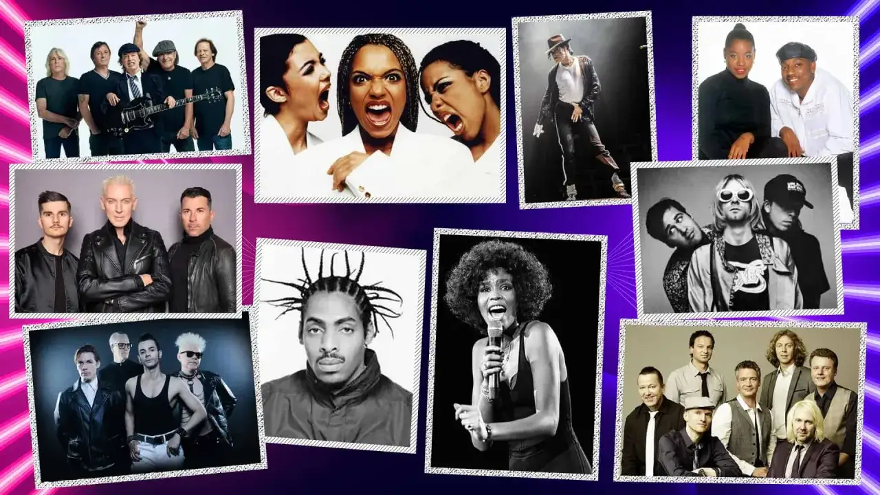 Ikonen der 90er Jahre Musik: Michael Jackson, Nirvana, Whitney Houston und mehr.
