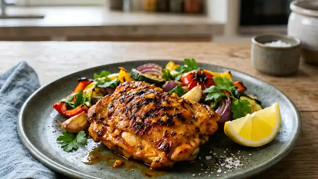 Un savoureux poulet portugais grillé, accompagné de légumes rôtis et d'une tranche de citron.