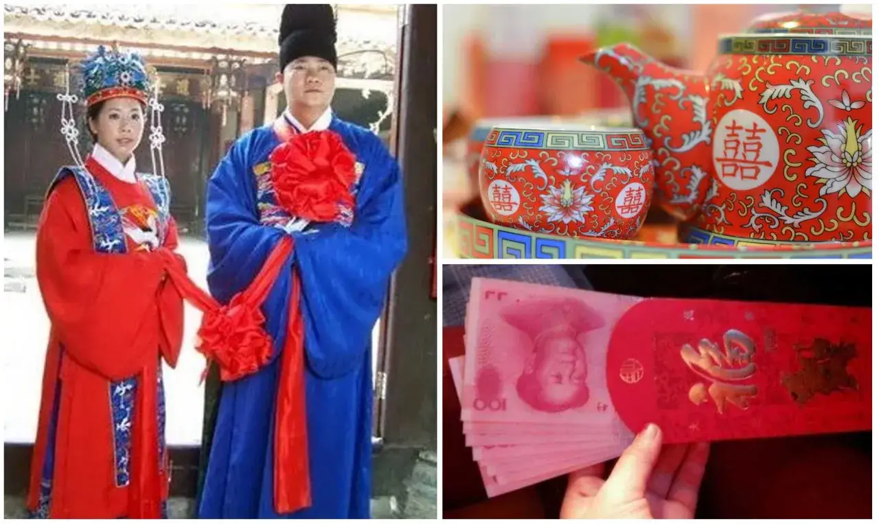 Pareja vestida para una boda china tradicional, con tetera y taza decoradas, y billetes en un sobre rojo.