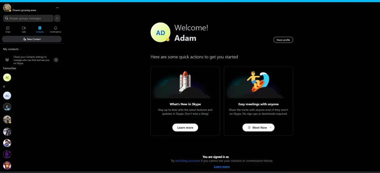 Ekran główny Skype z powitaniem
