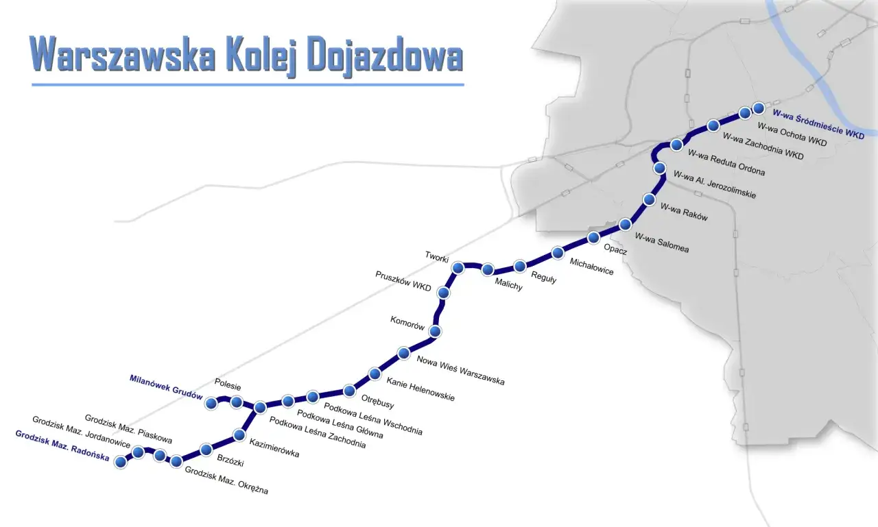 Schemat linii kolejowych Warszawa WKD z zaznaczonymi stacjami od Grodziska Mazowieckiego do Śródmieścia WKD.