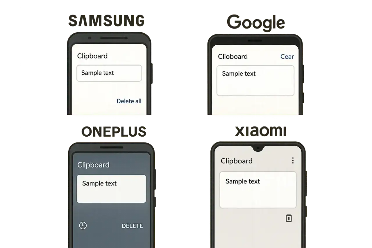 Różne telefony (Samsung, Google, OnePlus, Xiaomi) pokazują, gdzie jest schowek. Widzimy opcje usuwania tekstu.