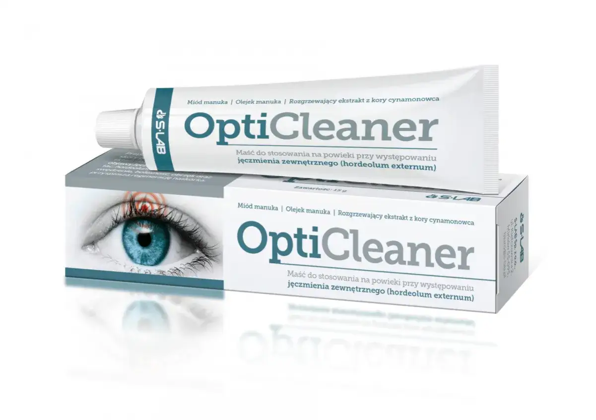 Maść OptiCleaner na jęczmień zewnętrzny. Tubka i pudełko z okiem, wskazującym na ulgę.