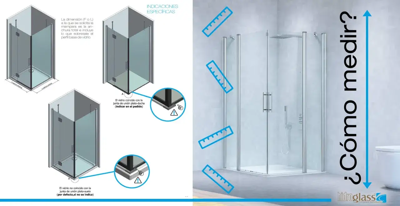 Guía de medidas mampara ducha para que no salga el agua. Muestra cómo medir el ancho frontal y lateral, y la altura.