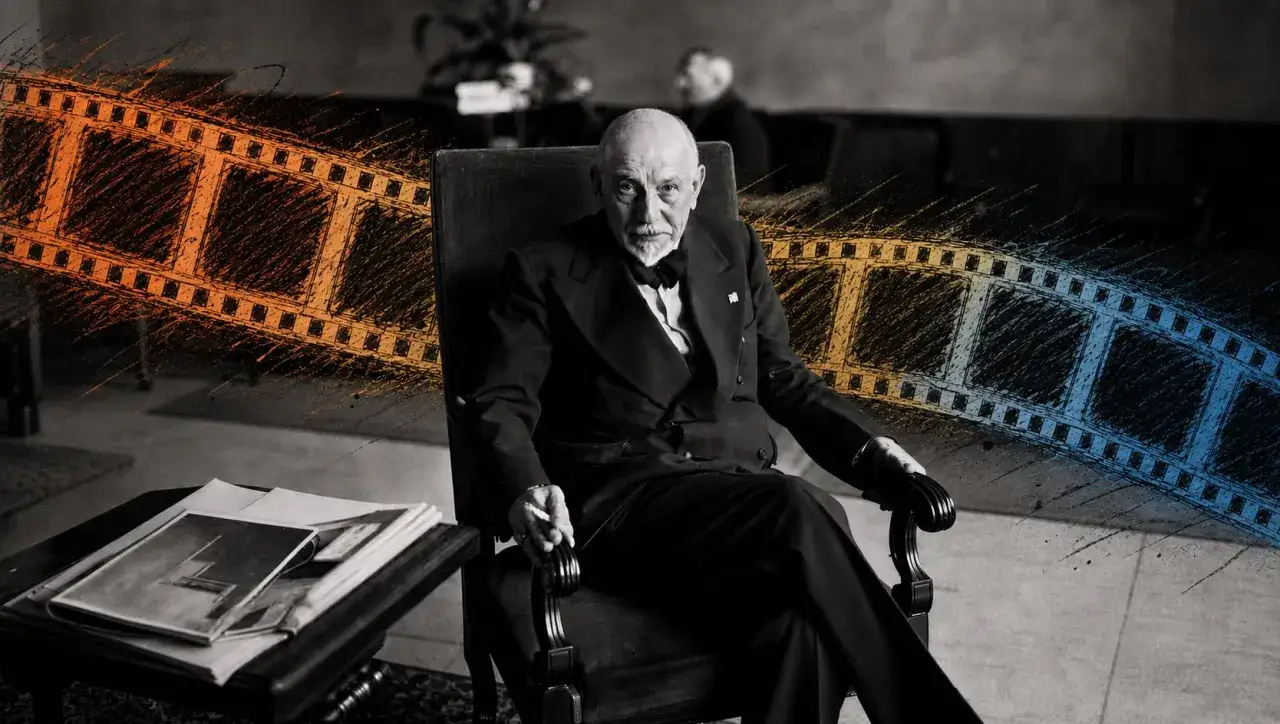 Un uomo anziano in abito elegante, con pellicola cinematografica stilizzata ai lati. Un riassunto dei quaderni di Serafino Gubbio operatore.