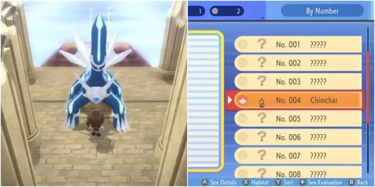 Jugador frente a Dialga en Pokémon Diamante Brillante. El menú muestra el Pokédex Nacional, con Chimchar (No. 004) visible.