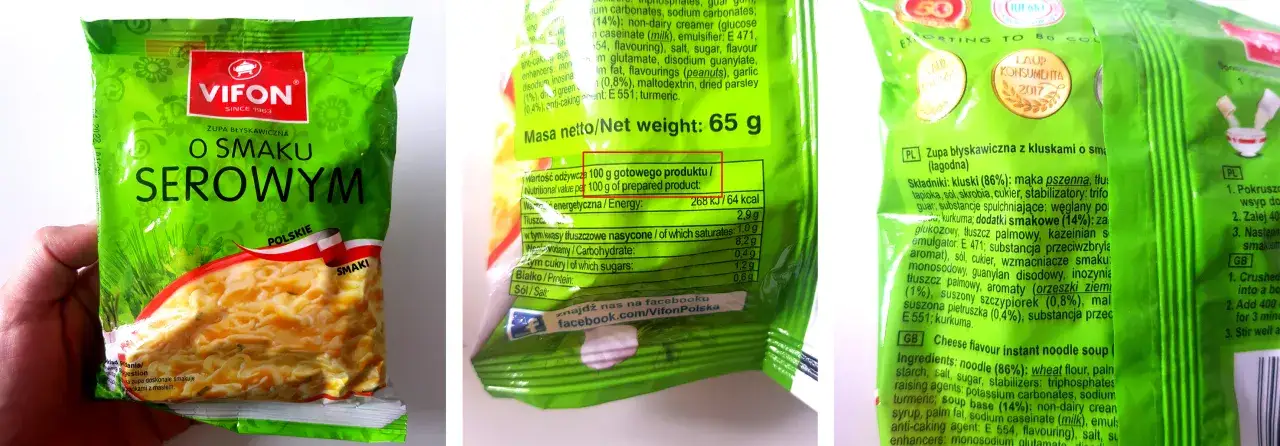 Zupa Vifon o smaku serowym, porównanie makaronu instant a makaronu jajecznego do zup.