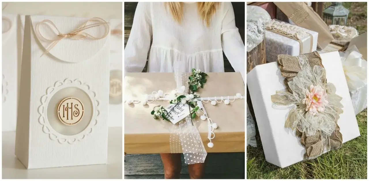 Eleganckie pudełka i prezenty ozdobione koronkami, wstążkami i kwiatami. Inspiracje, jak zapakować prezent na komunie.