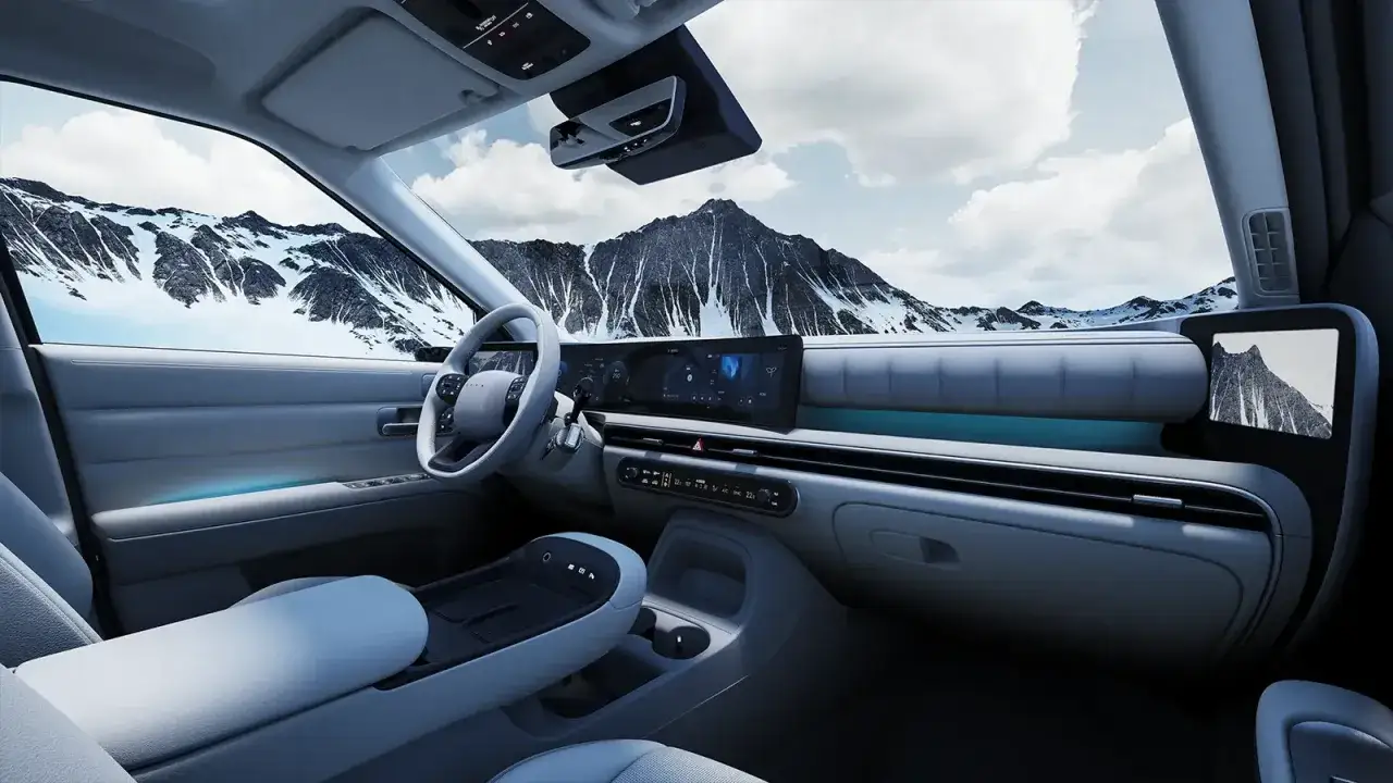 Wnętrze Hyundai Nexo z widokiem na ośnieżone góry. Nowoczesna deska rozdzielcza z dużym ekranem i ambientowym oświetleniem.