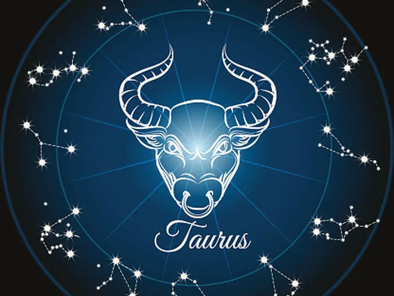 Byk (Taurus) od 20 kwietnia do 20 maja. Symbol zodiaku z gwiazdozbiorami na tle nocnego nieba.