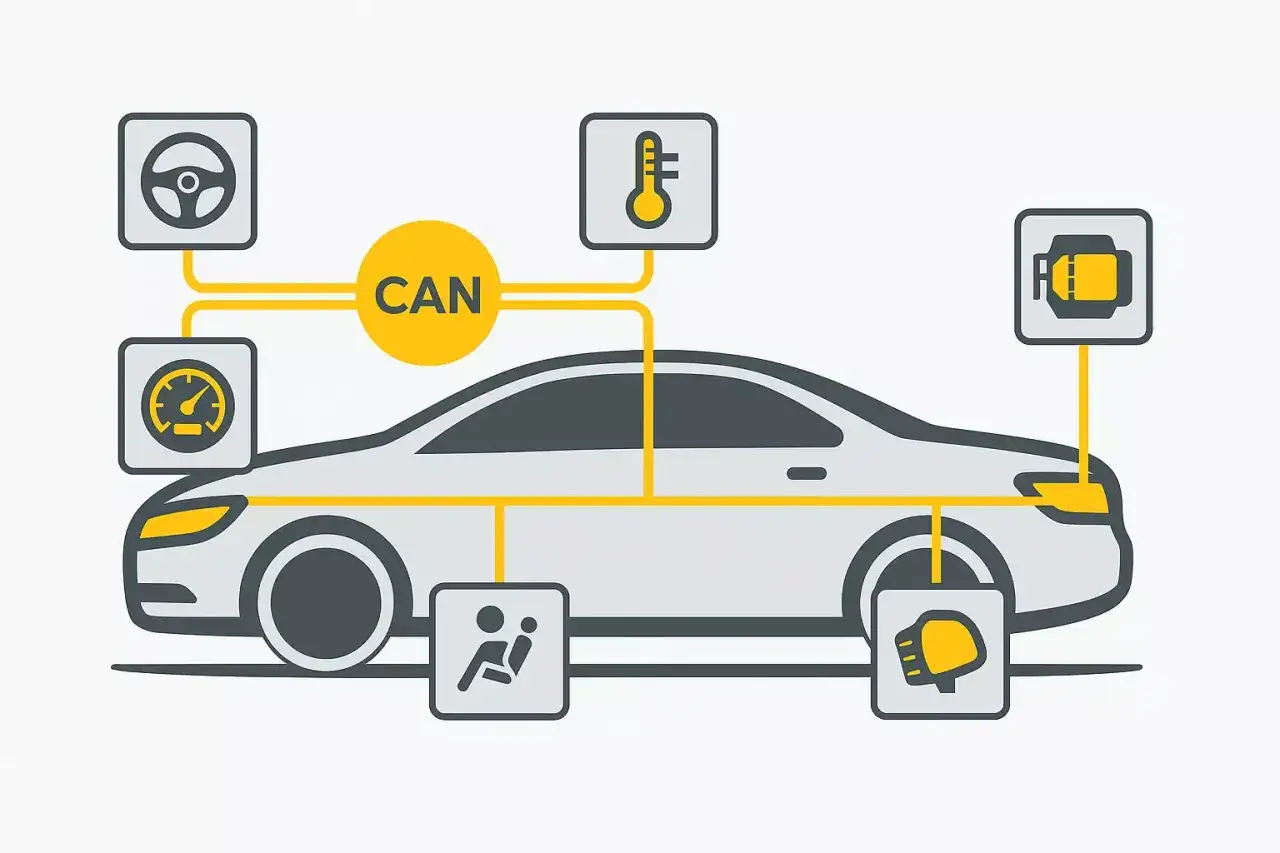 Schéma d'une voiture montrant le réseau CAN connectant le volant, le tableau de bord, le moteur, la température, les airbags et les phares.