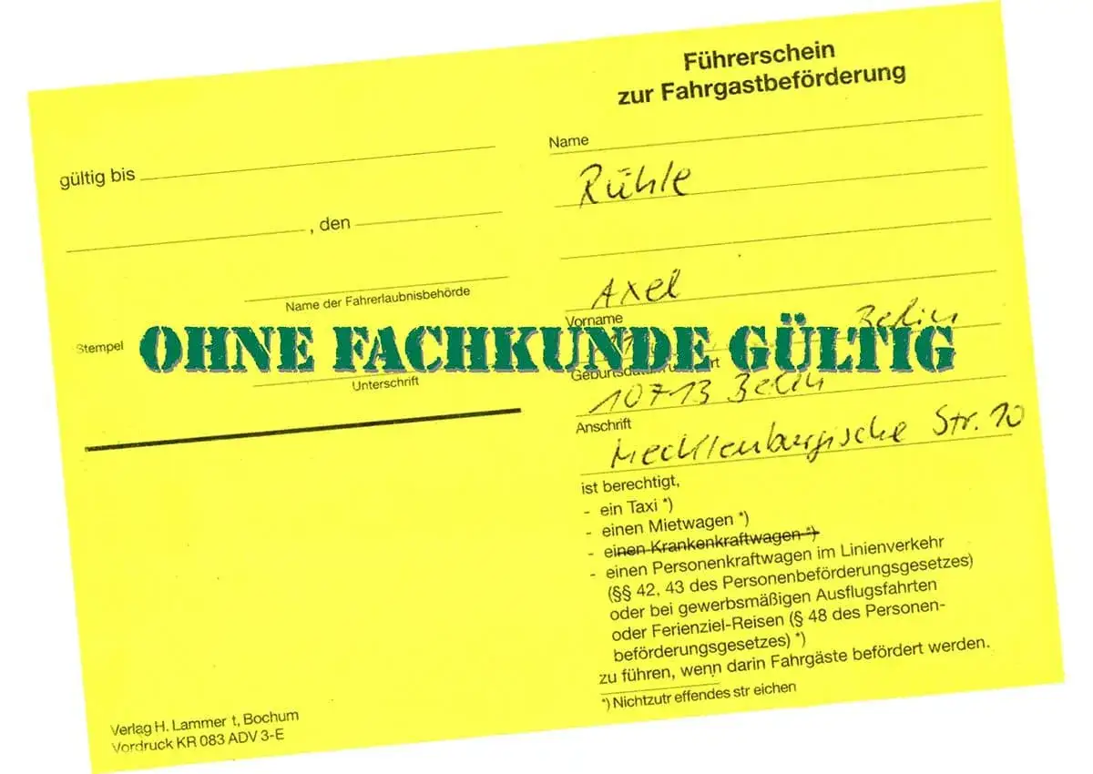 Führerschein zur Fahrgastbeförderung für Axel Rühle, gültig bis dato. Hier erfährst du, wie kann ich über Fahrer werden.