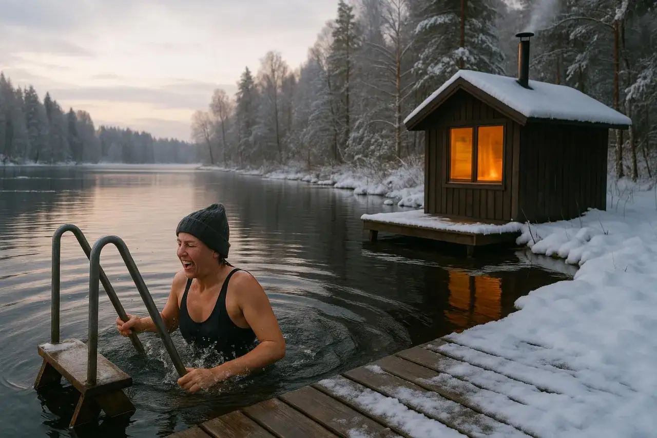 Kvinna skrattar högt när hon kliver upp ur det kalla vattnet efter att ha varit och **basta**. En snötäckt bastu lyser varmt i bakgrunden.