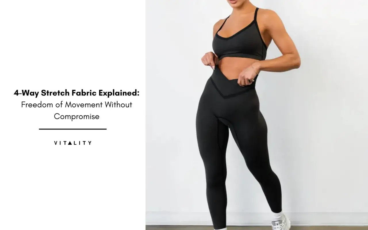 A woman in black yoga pants and sports bra, showcasing the best fabric for yoga pants: 4-way stretch for ultimate freedom of movement.