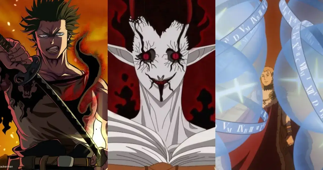 Yami Sukehiro z **Black Clover** z mieczem, demon z czerwonymi oczami i mężczyzna otoczony magicznymi pierścieniami.