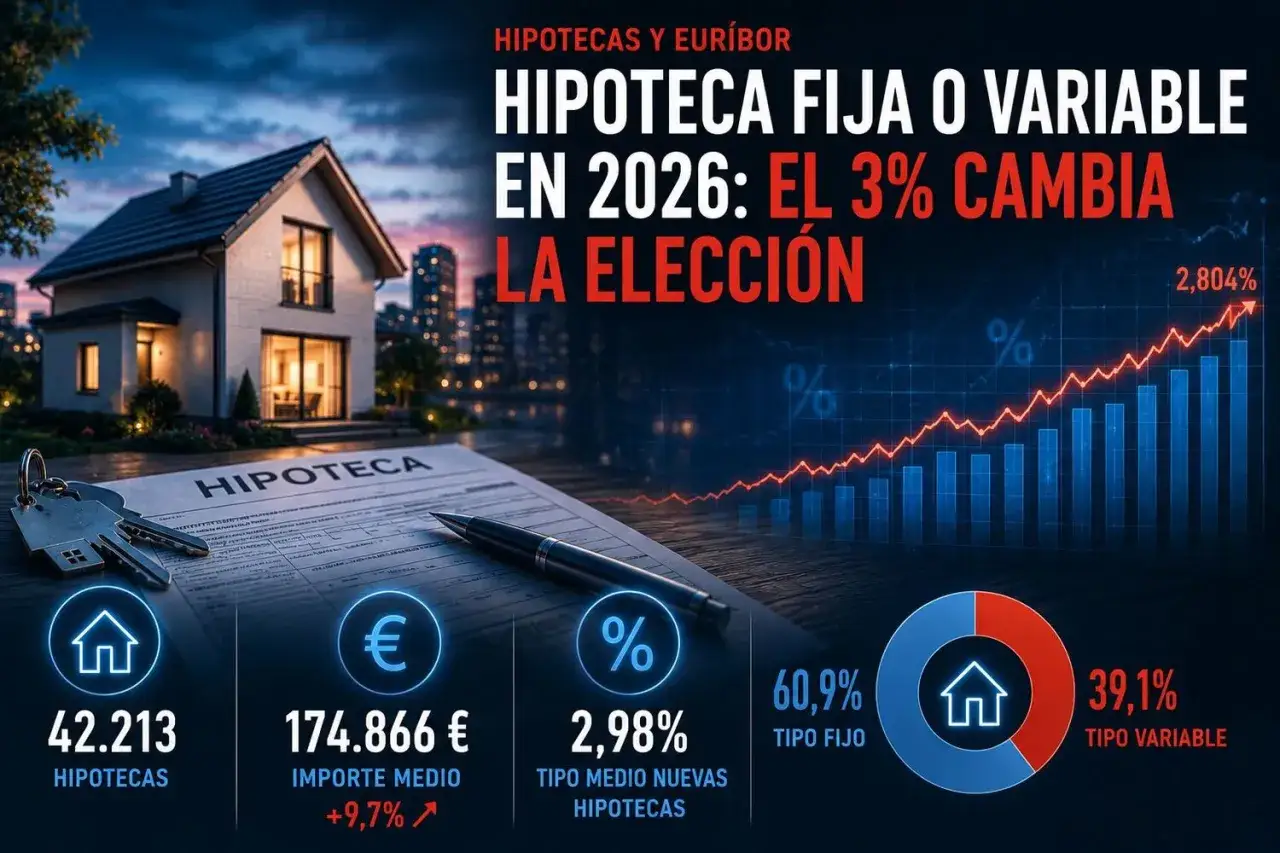Casa, llaves y contrato de hipoteca. Gráfico de barras y línea ascendente. El 3% cambia la elección de hipotecas fijas o variables en 2026.