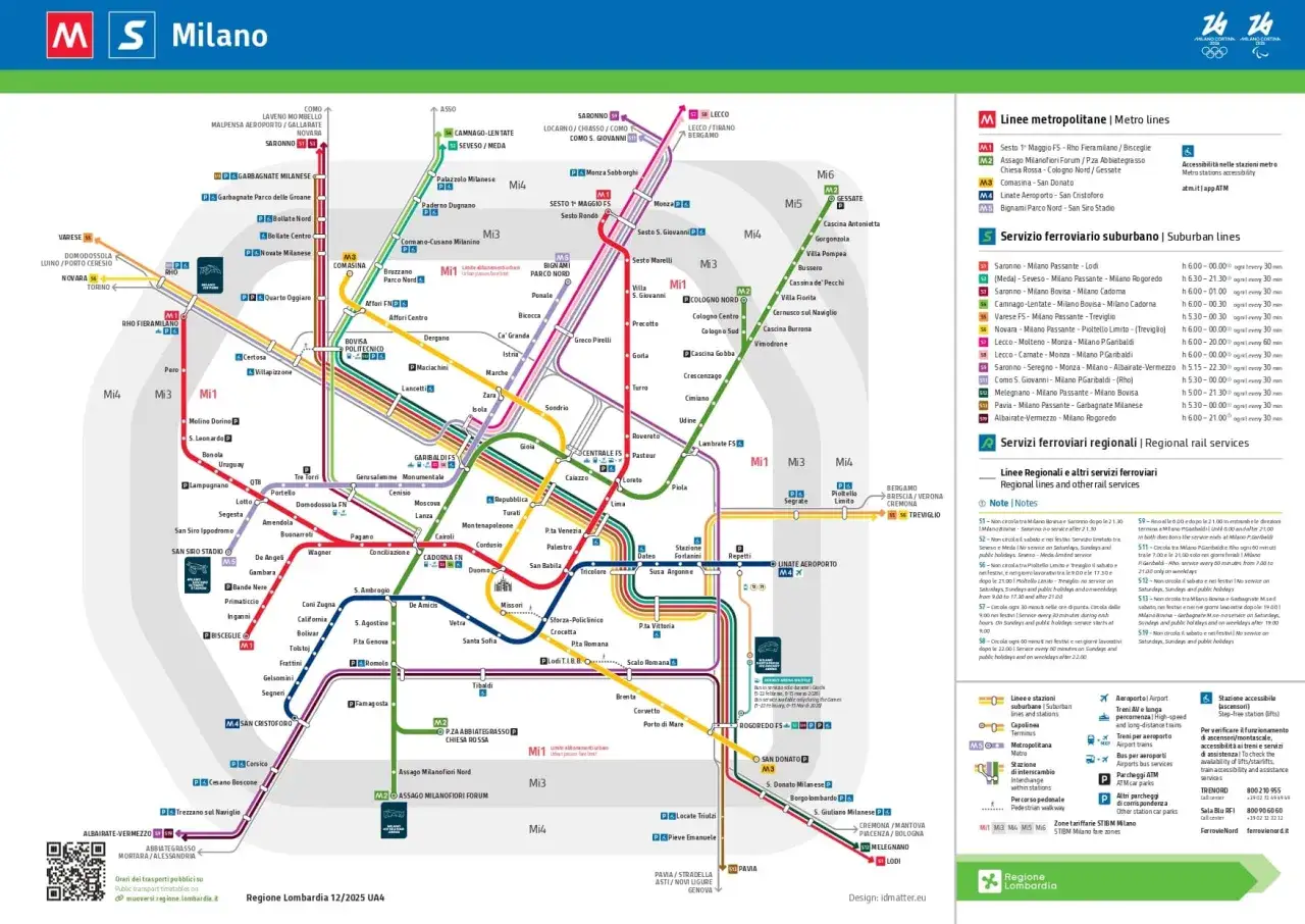 Mappa metropolitana di Milano, con linee M1-M6 e treni suburbani, ideale per spostarsi da Milano a Misano Adriatico.