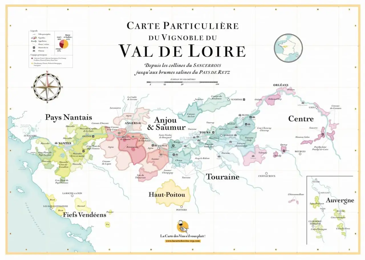 Carte du vignoble du Val de Loire, des Dames de la Loire aux brumes salines. Découvrez les appellations et cépages.