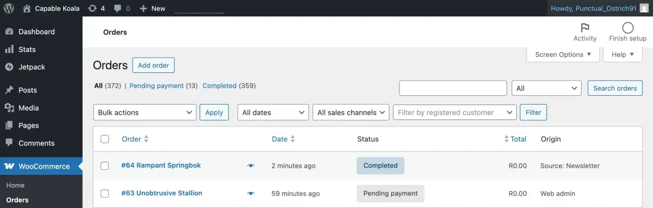 Panel de administraci&oacute;n de **WooCommerce que es** para gestionar pedidos. Se ven dos pedidos: uno completado y otro pendiente de pago.