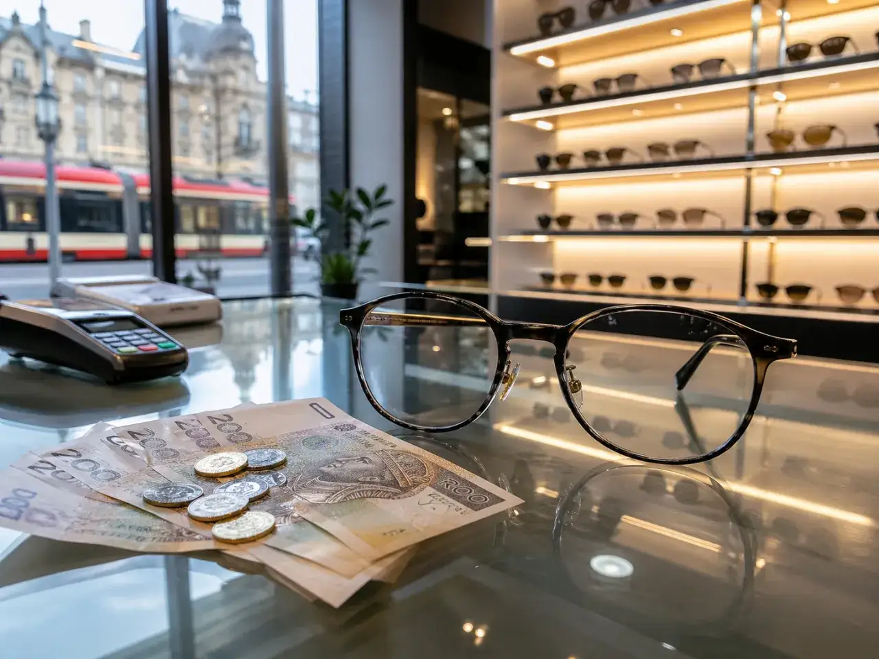 Okulary na pierwszym planie, pieniądze i terminal płatniczy na stole. W tle witryna z okularami i tramwaj. Zastanawiasz się, ile kosztują okulary u optyka?