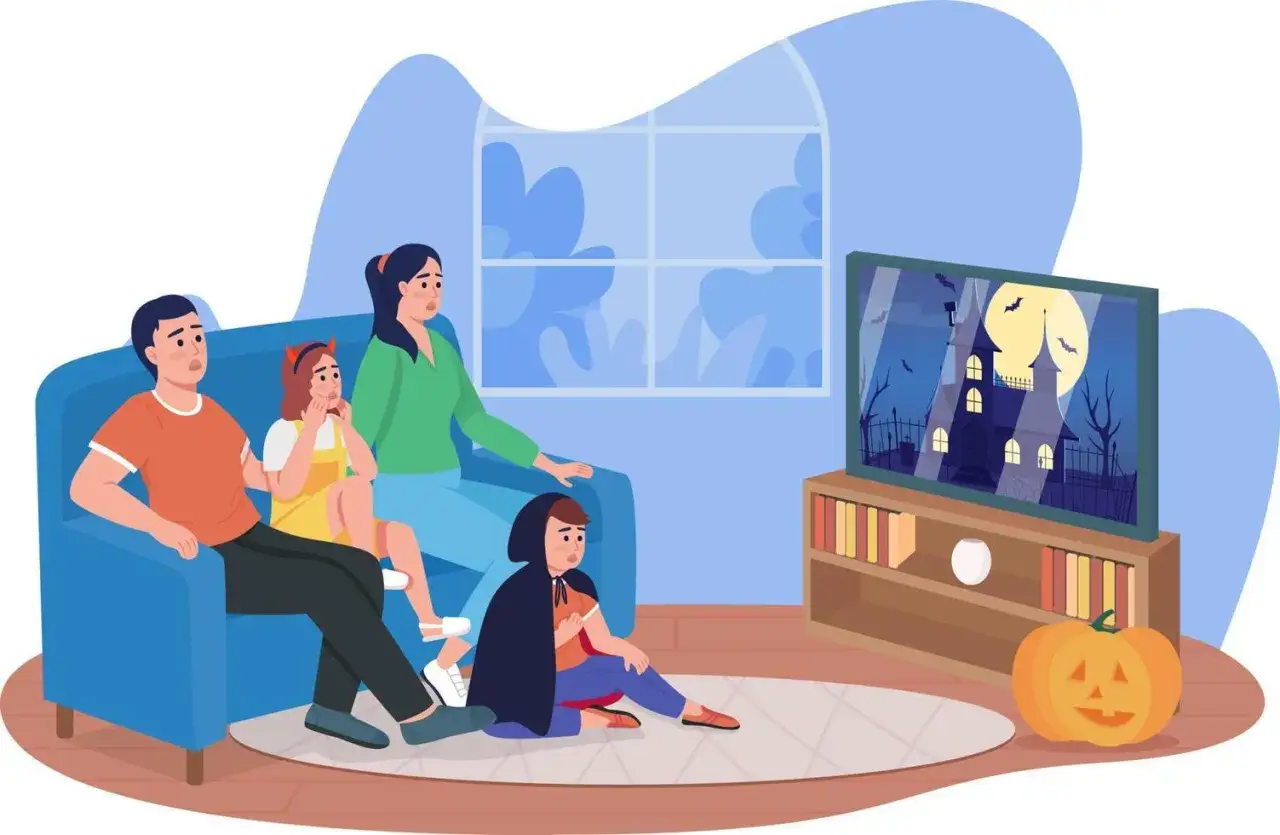Familia reunida viendo **pel&iacute;culas de miedo para ni&ntilde;os** en Halloween. La pantalla muestra una casa embrujada con murci&eacute;lagos.