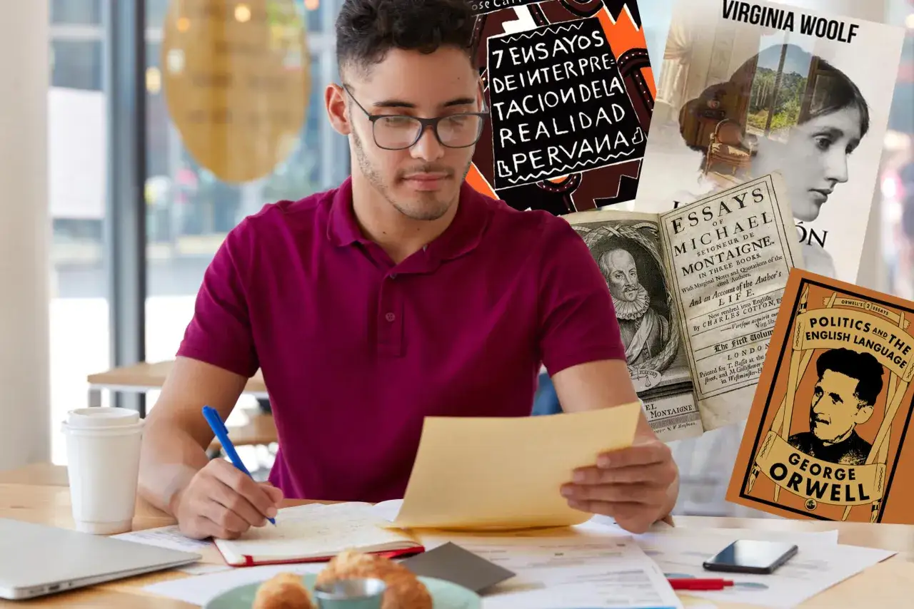 Joven concentrado en su cuaderno, rodeado de libros de Virginia Woolf, Montaigne y George Orwell, buscando ayuda para escribir un libro.