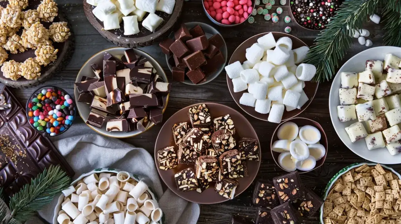 En härlig samling julgodis, allt från chokladbitar till marshmallows och krispiga godsaker. Perfekt för julgodis enkelt!