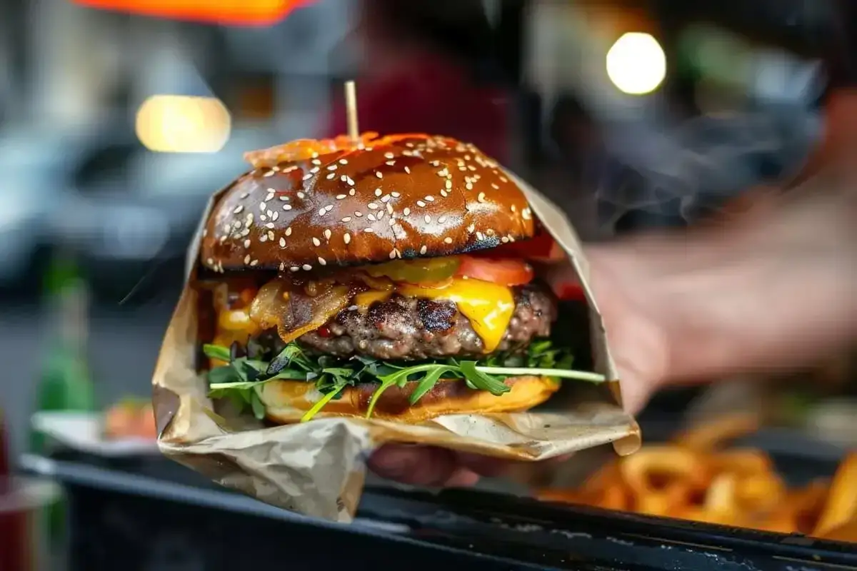 burger z dodatkami, stół pełen jedzenia