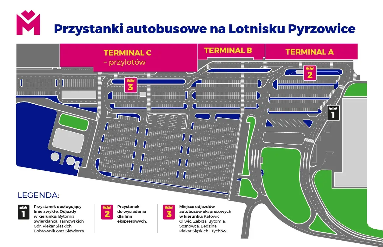 Mapa przystanków autobusowych na Lotnisku Pyrzowice. Znajdź swój transport na lotnisko Pyrzowice, sprawdzając lokalizację odjazdów i przylotów.