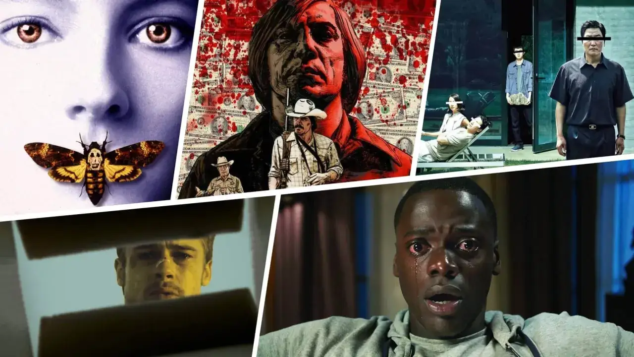 En samling av ikoniska scener från bra thrillerfilmer: en dödskallefjäril, en skrämmande Anton Chigurh, en mystisk familj, en man i spegeln och en skräckslagen blick.