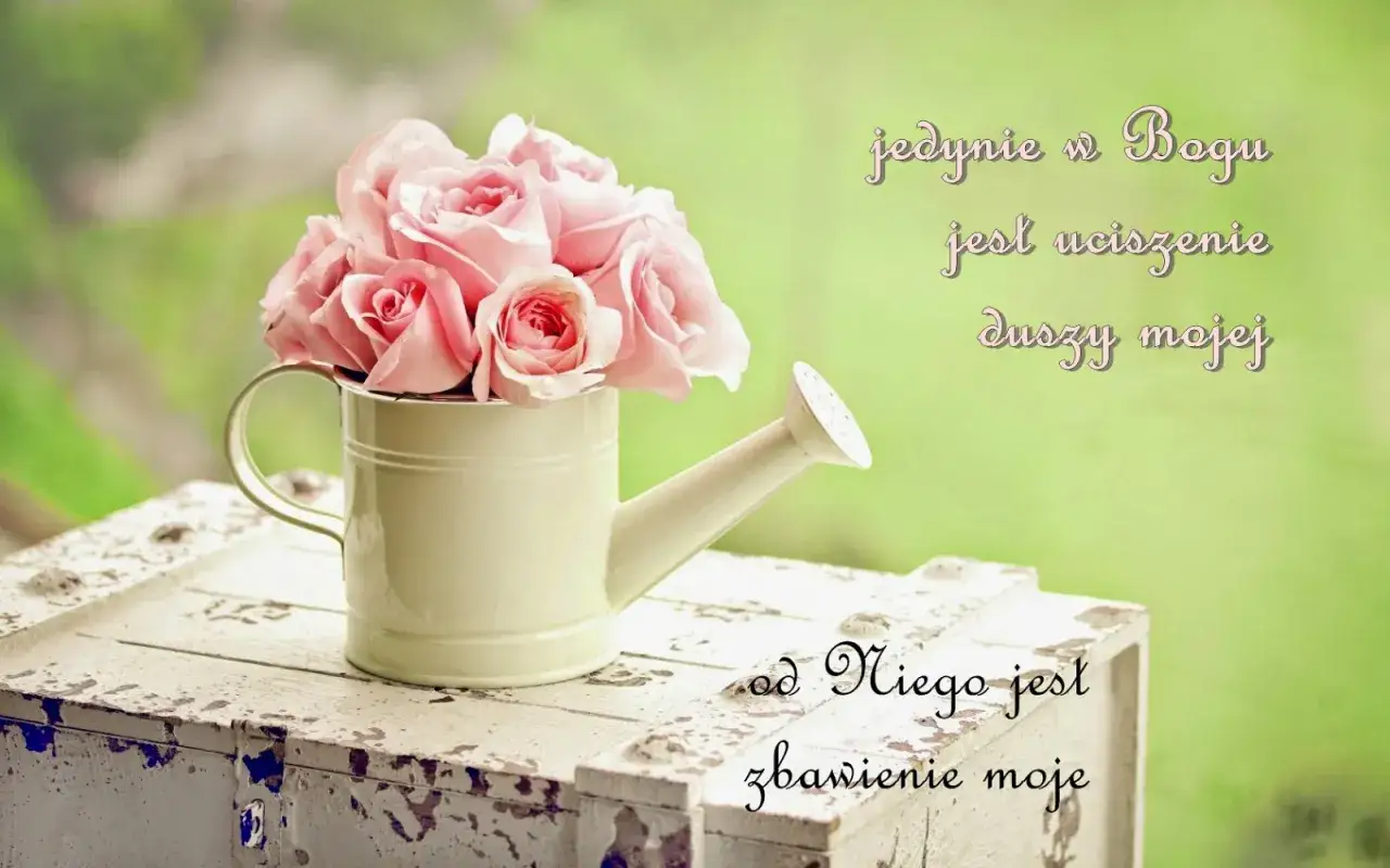 Różane róże w konewce na skrzyni, cytat z Psalmu 62: