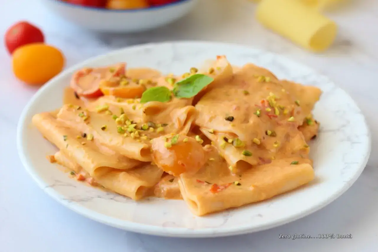 Paccheri cremosi con pomodorini e pistacchi, un piatto di pasta con stracciatella che invita al gusto.