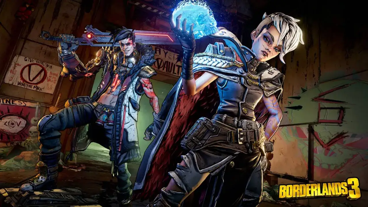 Dwie postacie z Borderlands 3: mężczyzna z mieczem i kobieta trzymająca świecącą czaszkę.
