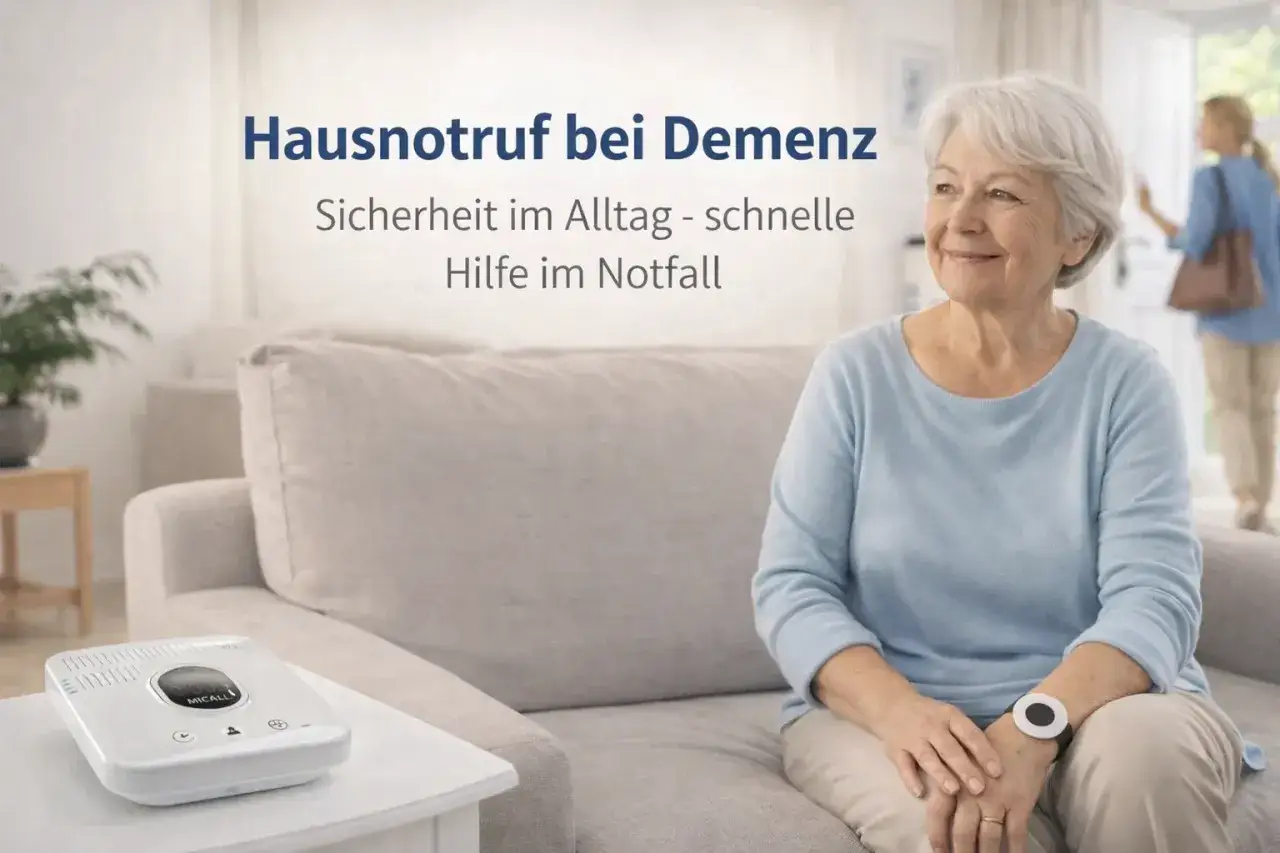 &Auml;ltere Frau mit Notrufsystem, das Sicherheit bei Demenz im Alltag bietet. Schnelle Hilfe im Notfall.