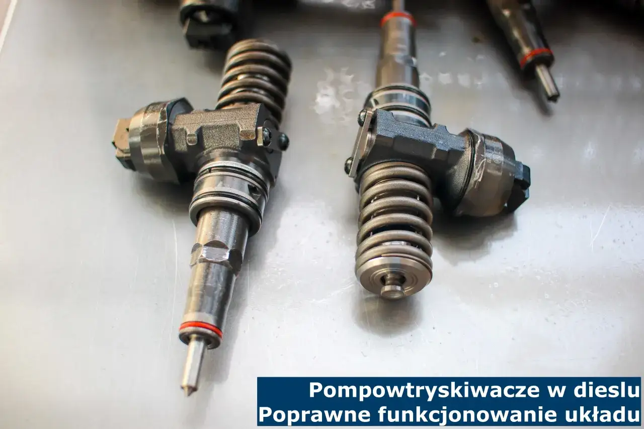 Dwa pompowtryskiwacze diesla leżą na metalowej powierzchni. Dowiedz się, jak sprawdzić pompowtryski, aby zapewnić poprawne funkcjonowanie układu.