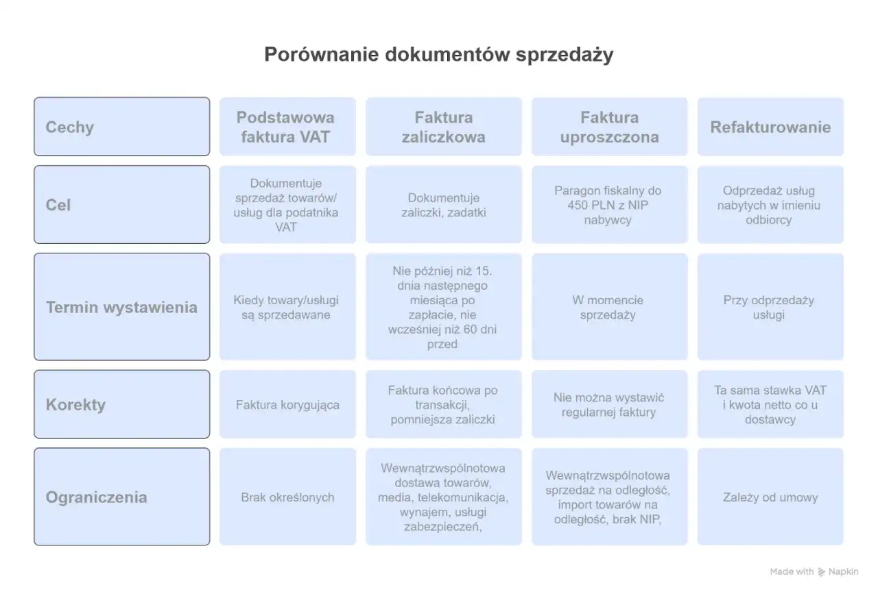 Porównanie dokumentów sprzedaży: data sprzedaży a data wystawienia faktury kiedy VAT, cel, termin, korekty i ograniczenia dla faktury VAT, zaliczkowej, uproszczonej i refakturowania.