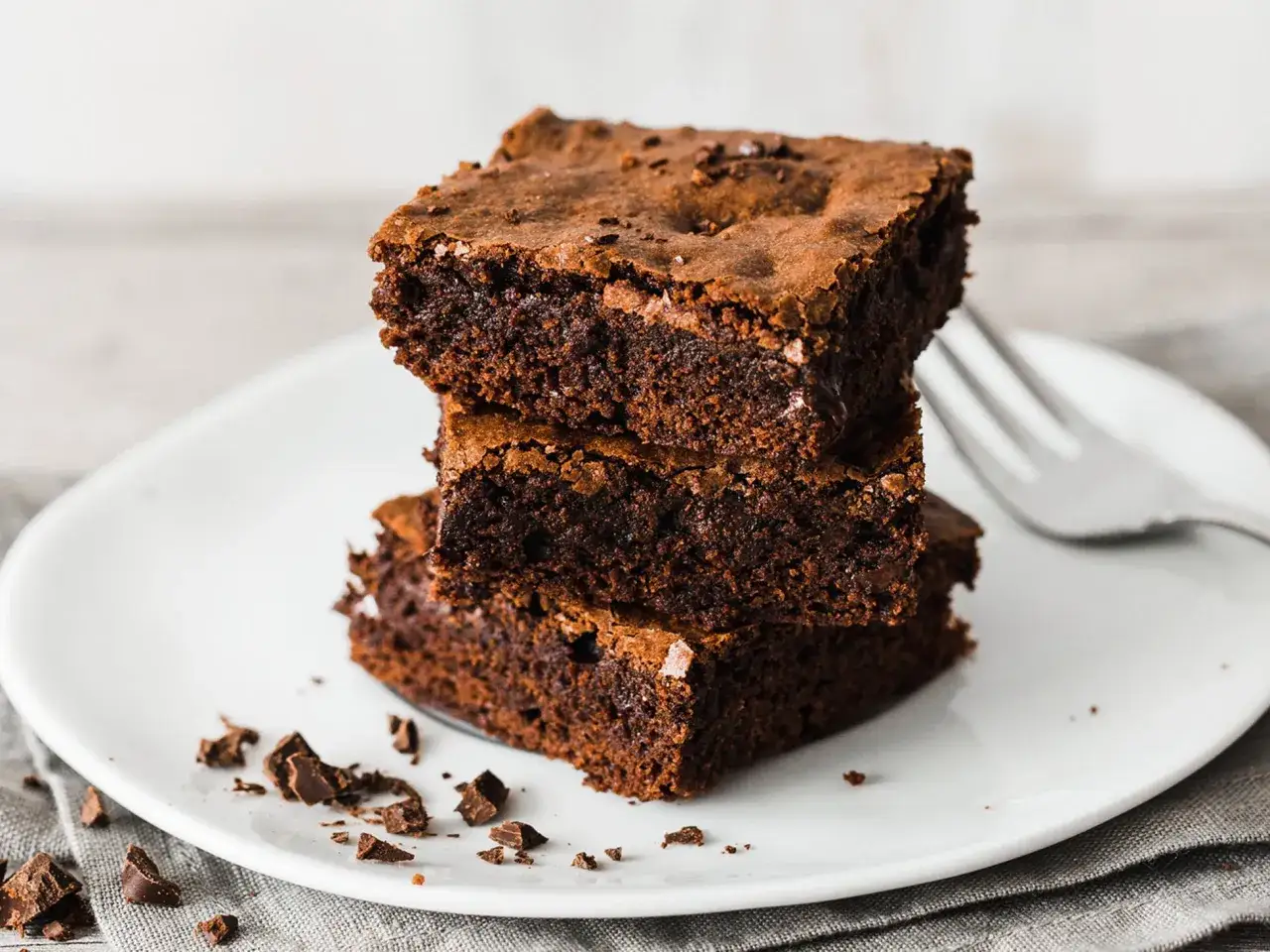 Gestapelte, saftige Brownies auf einem Teller, bereit zum Genie&szlig;en. Ein perfektes brownie rezept f&uuml;r Schokoladenliebhaber.