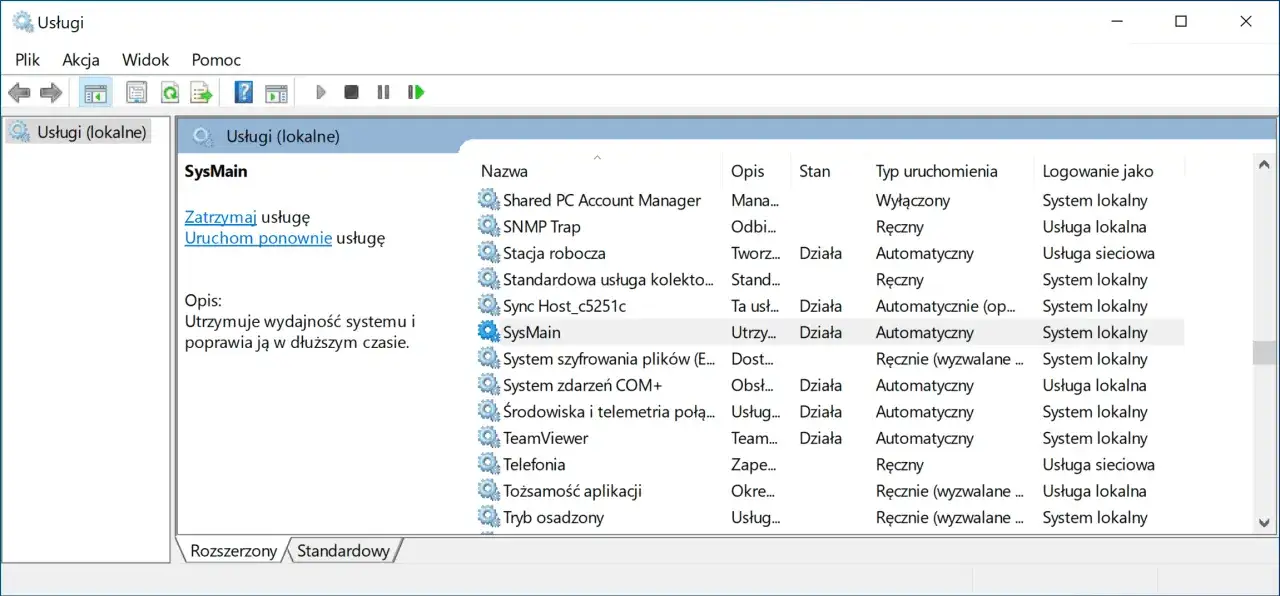 Okienko Usługi w Windows 10. Możesz tu zarządzać procesami, aby dowiedzieć się, jak wyłączyć programy działające w tle Windows 10.