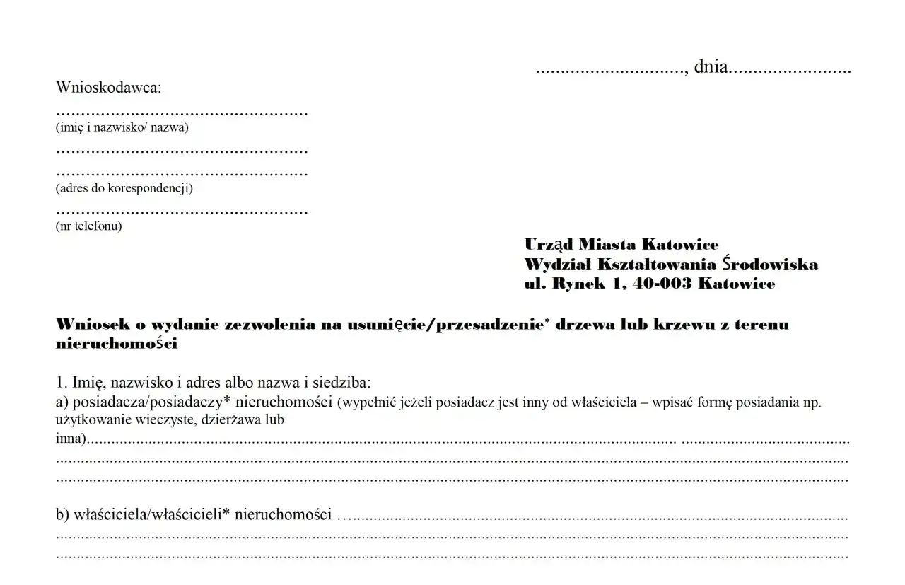 Formularz wniosku o zezwolenie na usunięcie drzewa. Dowiedz się, jakie drzewa można wyciąć bez zezwolenia.